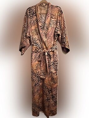 2 pc Vintage Natori Lounge Set - Robe & Gown Luxurious Satin Animal Print